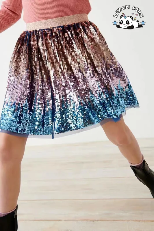 LEZONKIDS - Saia Mini Saia de Tule de Cintura Elástica com Lantejoulas Múltiplas e Fendas para Festa para Meninas Personalizável de Moda Nova